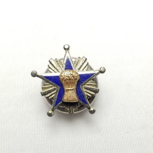 Vintage Grange Hall Five Pointed Star Wheat Lapel Pin Silver Tone Blue Enamel - Picture 6 of 7